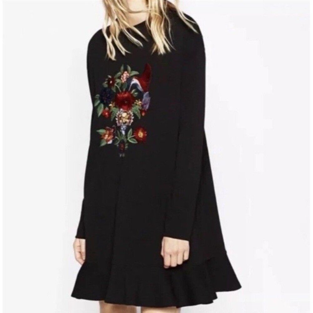 ZARA BLACK FLORAL EMBROIDERED SEQUINS FLOUNCE HEM DRESS SIZE S RELAXED FIT